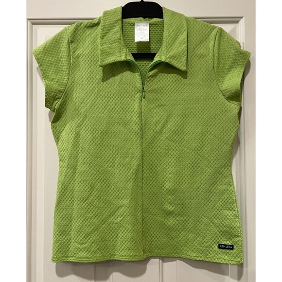 Athleta Green Collared Shirt Size Medium Cap Sleeve Textured Golf Sport Tennis - Picture 1 of 4